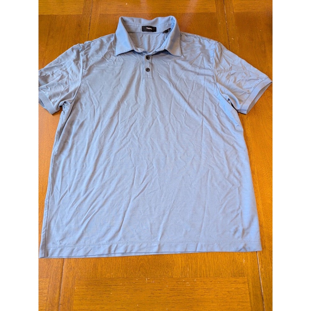 Theory Noran Polo Shirt Large Jersey Lyocell Blue Short Sleeve Luxury Minimalist